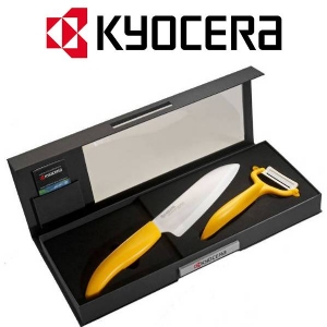Kyocera - Set Coltello Santoku 140mm + Pela Ortaggi Giallo con lama Bianca