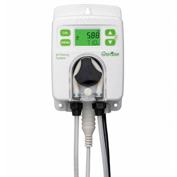 GroLine - Regolatore pH con pompa dosatrice integrata cella di flusso installata a pannello, tubi e raccordi per il dosaggio
